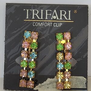 VTG Trifari Comfort Clip Earrings- Pastel Rhinestone on Gold-tone Metal